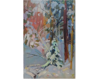 Winter forest landscape, Plein air artwork, Snowy spruces forest painting, Impressionism Art, Modern interior decor, Ukrainian Art
