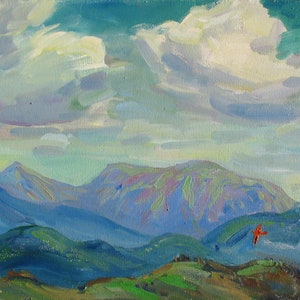 Berglandschaft, Himmel Malerei, Blaue Berge Kunst, Kleines Gemälde, Berg Wohnkultur, Ölgemälde, Freilichtmalerei