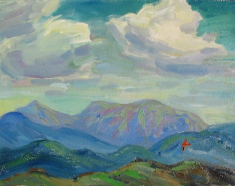 Original Mountain Landscape, Sky painting, Blue mountains Art, Small painting, Mountain Home Decor, Oil Canvas Painting, Plein air artwork