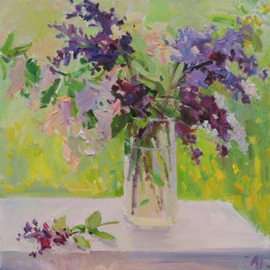Floral oil painting on stretched canvas, Purple and white lilac, Botanical art, Floral gift for Her, Modern bedroom decor, Impressionism Art
