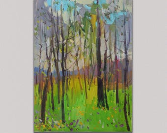 Green forest oil painting on canvas, Plein air spring forest landscape, Impressionism Art, Green living room decor, Gift for nature lover