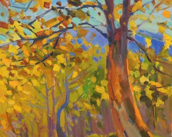 秋の風景油絵：パレットナイフ秋の木々、24x20 - Etsy 日本