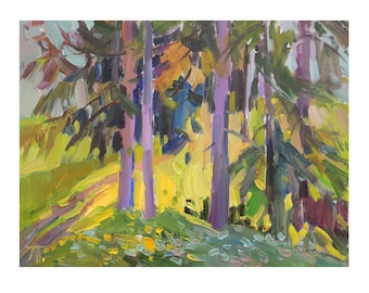 Tallskogsmålning, Sommarskogslandskap, Plein air-målning, Skogskant, Impressionistisk konst, Oljemålning på duk, Grön heminredning