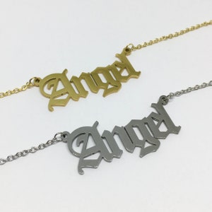 Old English Word Necklace Font Stainless Steel Gold / Silver Name Angel Babygirl Honey Brat Princess Customised Personalised image 4