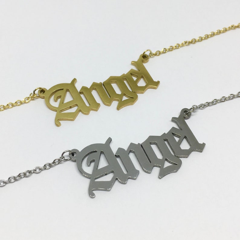 Old English Word Necklace Font Stainless Steel Gold / Silver Name Angel Babygirl Honey Brat Princess Customised Personalised image 4