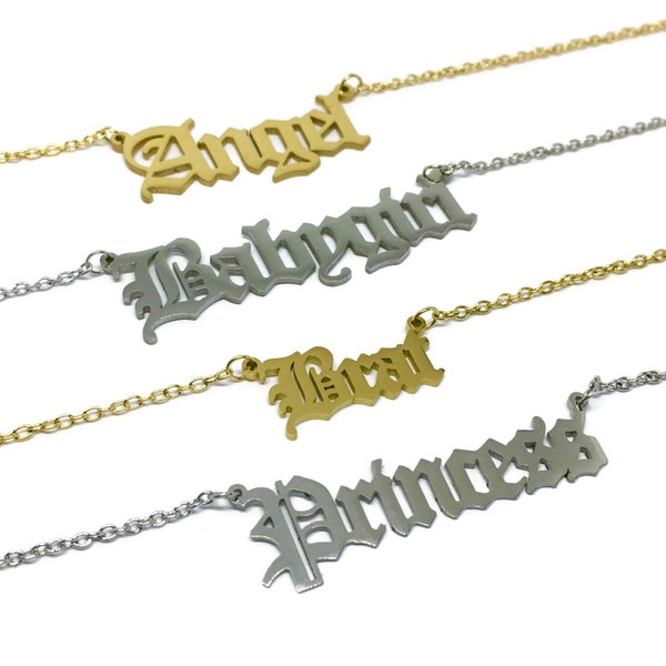 Old English Word Necklace | Font Stainless Steel Gold / Silver Name Angel Babygirl Honey Brat Princess Customised Personalised