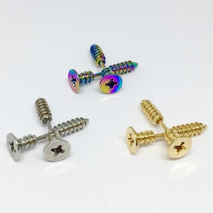 Screw Stainless Steel Earrings | Gold / Silver / Rainbow Multi Mixed Colour Unisex Hypoallergenic Studs Nail Gifts For Him Her Enagagement