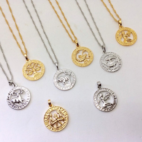 Circle Zodiac Necklace | Unisex Horoscope Birth Star Sign Coin Stainless Steel Pendant & Chain