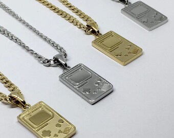 Classic Gameboy Colour Necklace | Gold & Silver Stainless Steel Nintendo 8-Bit Handheld 80s Pendant 3mm Cuban Link Curb Chain Game Boy Color