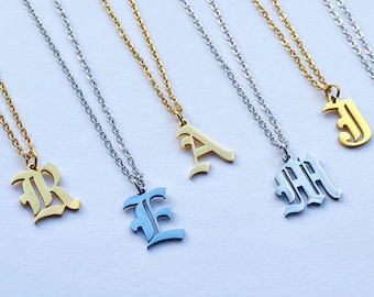 Old English Initial Necklace - Stainless Steel Letter Pendant - Gold or Silver Gothic Initial Chain