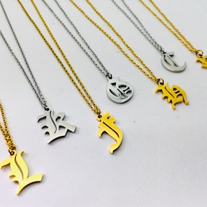 Old English Initial Necklace | Gold / Silver Font Stainless Steel Letter Pendant & Chain Personalised Customised