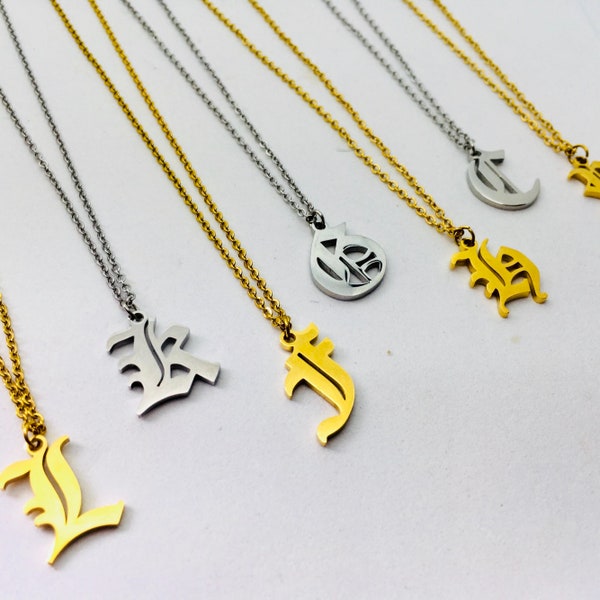 Old English Initial Necklace | Gold / Silver Font Stainless Steel Letter Pendant & Chain Personalised Customised