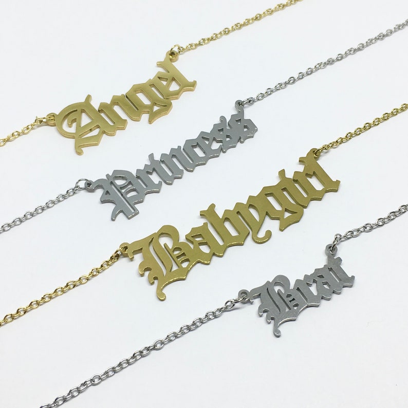 Old English Word Necklace Font Stainless Steel Gold / Silver Name Angel Babygirl Honey Brat Princess Customised Personalised image 10