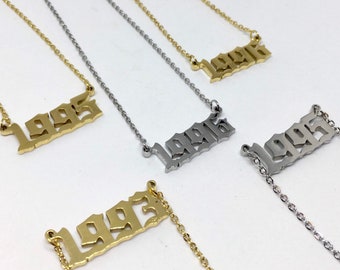 Old English Year Necklace | Gold / Silver Stainless Steel Birth Date Gothic Font Pendant & Chain