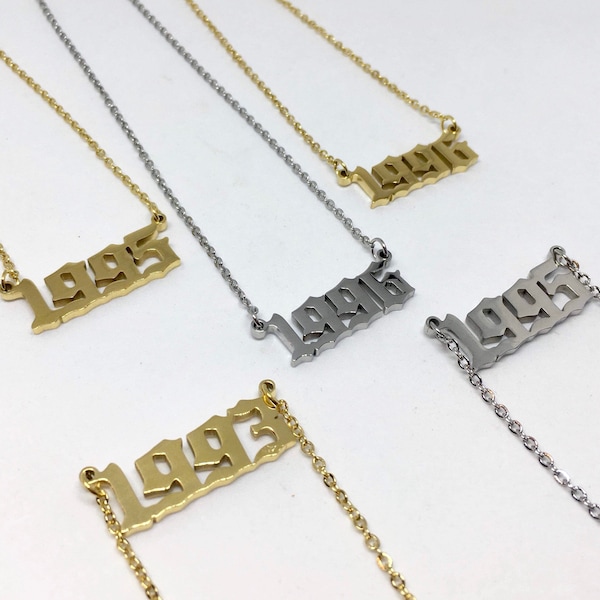 Old English Year Necklace | Gold / Silver Stainless Steel Birth Date Gothic Font Pendant & Chain