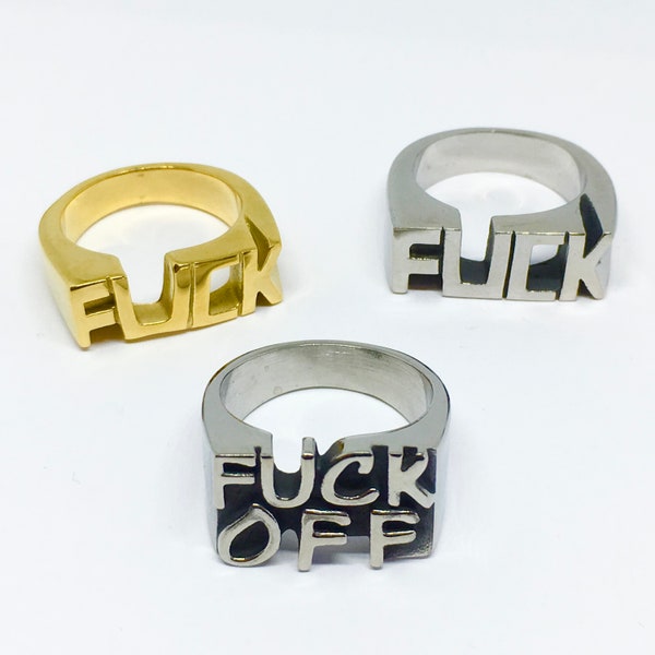 FUCK / FUCK OFF Stainless Steel Ring | Unisex Gold / Silver Statement Swear Word Rude Funny Novelty Hip Hop Mens Womens Band