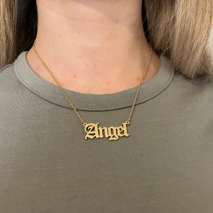 Old English Word Necklace Font Stainless Steel Gold / Silver Name Angel Babygirl Honey Brat Princess Customised Personalised image 2