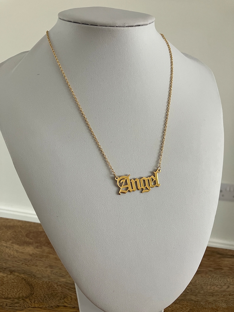 Old English Word Necklace Font Stainless Steel Gold / Silver Name Angel Babygirl Honey Brat Princess Customised Personalised image 9