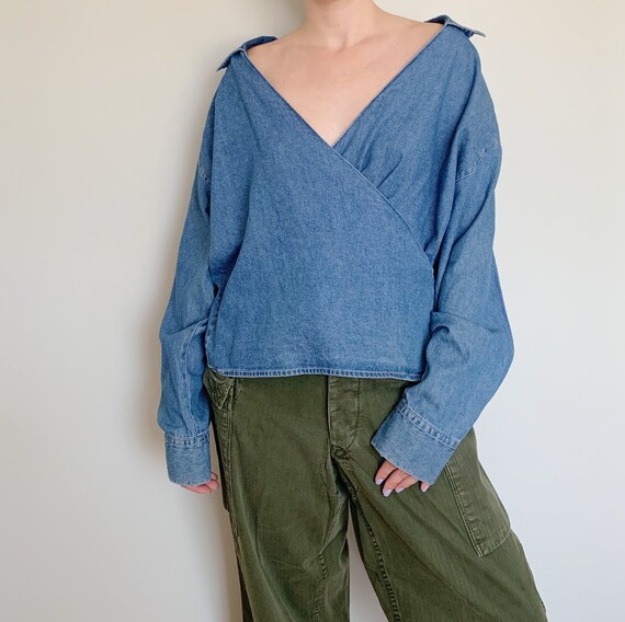 lightweight medium wash denim chambray wrap top ·