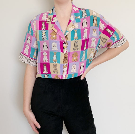 pure silk puppy portrait short sleeve button up bl