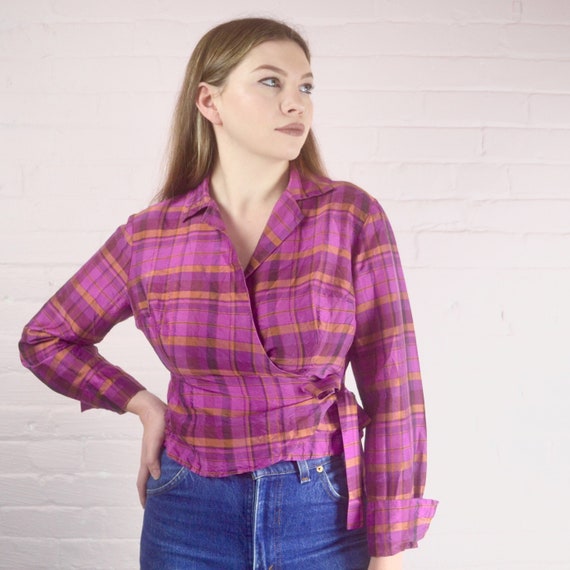 pure silk pink tartan check wrap blouse · fuchsia