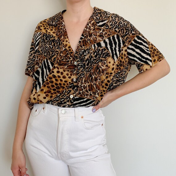 wild silk big cat print short sleeve blouse · leop