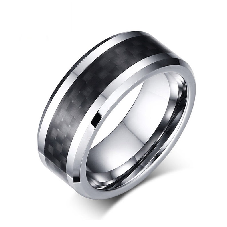 Free Engraving 8mm Tungsten Carbide High Polish with Black /& Red Carbon Fiber Inlay Wedding Band Ring for Him or Her