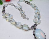 Fire White Opalite Necklace, Pendant Necklace, Cluster Necklace, Gemstone Necklace, Fashion Jewelry, 925 Silver Overlay Oxidised Necklace