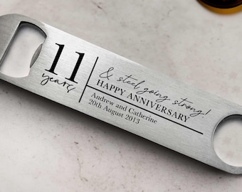 Ouvre-bouteille en acier personnalisé 11e anniversaire : noms et date personnalisés, cadeau d'anniversaire de mariage en acier pour amateur de bière, cadeau pour lui