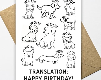 Carte de joyeux anniversaire du chien, carte d'anniversaire avec illustration de chien, carte d'anniversaire woof pour parent de chien, grand-parent de chien, amoureux des chiens, propriétaire de chien