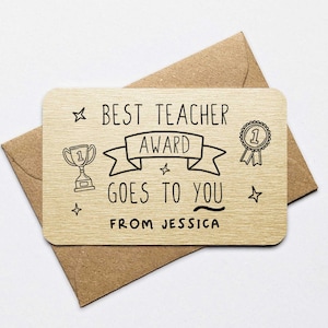 Tarjeta de billetera personalizada con el premio al mejor profesor, recordatorio de bolsillo, agradecimiento y fin de curso.