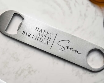 Personalised 50th Birthday Bottle Opener: Custom Name Gift For Beer Lover, Milestone 50th Birthday Gift For Him, Alcohol Themed Gift For 50