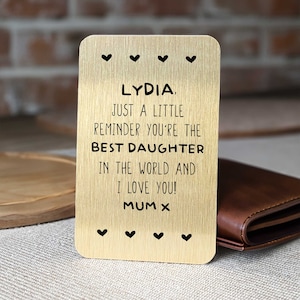 Carte portefeuille personnalisée meilleure fille en or, joli rappel de poche pour fille, cadeau d'anniversaire pour fille de la part d'une maman et d'un papa, cadeau de Noël