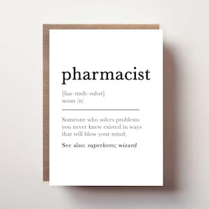 Carte de définition de pharmacien, carte de collègue de travail pour pharmacien, carte de nouvel emploi ou de remise de diplôme pour pharmacien, carte d'anniversaire ou de Noël