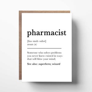 Pharmacist Definition Card, Work Colleague Card For Pharmacist, New Job or Graduation Card For Pharmacist, Birthday or Christmas Card