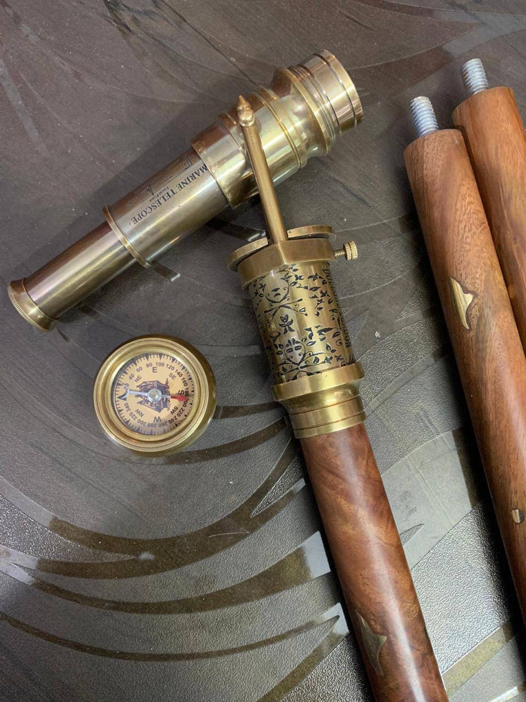 thumbnail image 2 of Handmade Brass Telescope Compass Walking Stick - Victorian Style Folding Cane, 36-38" 2 of 3