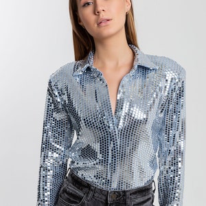 Women Sequin Embellished Shirt, Glitter Blouse, Cocktail Shirt, Occasion Shirt, Sequin Top, Prom, Party Blouse, Bridesmaid, Gift image 1