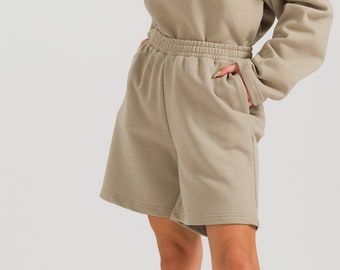 Organic Cotton Cozy Fleece Shorts, Women High Rise Relaxed Fit Sporty Shorts, Sustain Clothing Gift, GOTS Certificate Women Sweatshorts