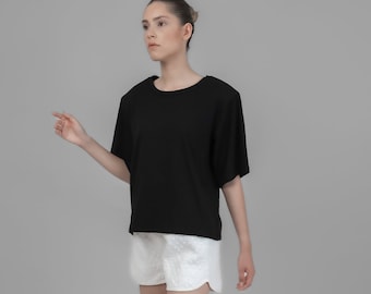 Camiseta negra con hombros acolchados, camiseta con hombrera, top informal blanco, camiseta extragrande de manga corta