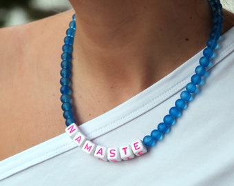 Personalised Name or Word Necklace with Blue Beads, Handmade Summer Necklace, White Acrylic ABC Letter, Flat Round Name Beads Initial