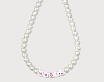 Personalised Name or Word Necklace with Faux Pearls, Handmade Summer Necklace, White Acrylic ABC Letter, Flat Round Name Beads Initial