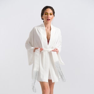 Women White Mini Kimono, Beachwear, Summer Robe, Cover up, Jacket, Casual, Bridesmaid Kimono, Bride Kimono