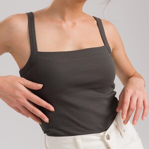 Women&#39;s Ribbed Square Neck Tank Top, Spaghetti Strap Cotton Cami Blouse, Basic Everyday Wear, 70s Tank Top Gift, Rib Cotton Stretch Tee