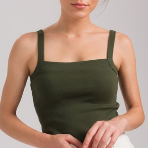 Women&#39;s Ribbed Square Neck Tank Top, Spaghetti Strap Cotton Cami Blouse, Basic Everyday Wear, 70s Tank Top Gift, Rib Cotton Stretch Tee