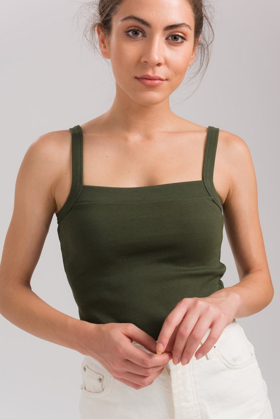 Women's Ribbed Square Neck Tank Top, Spaghetti Strap Cotton Cami