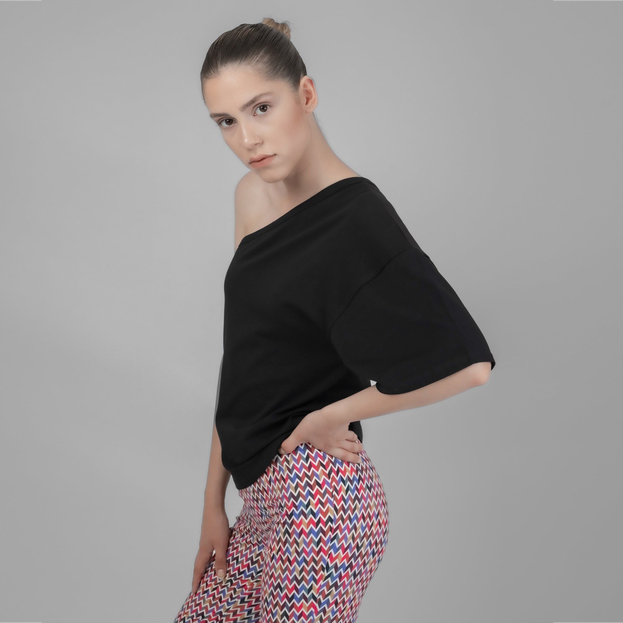 Black One Shoulder Cotton Tee - Elegant Casual Top