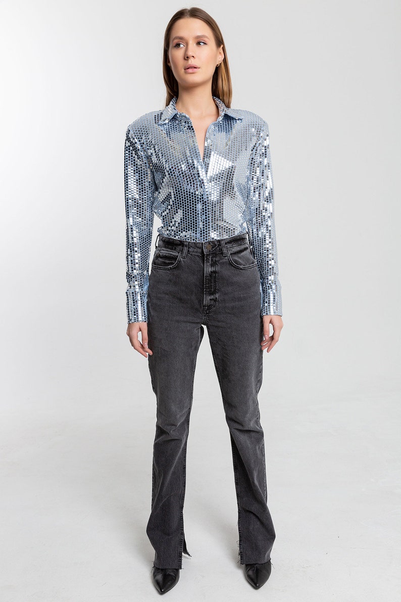 Women Sequin Embellished Shirt, Glitter Blouse, Cocktail Shirt, Occasion Shirt, Sequin Top, Prom, Party Blouse, Bridesmaid, Gift image 8