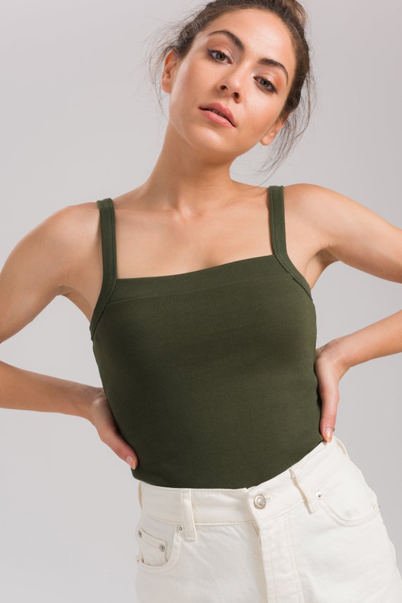 Women's Ribbed Square Neck Tank Top, Spaghetti Strap Cotton
