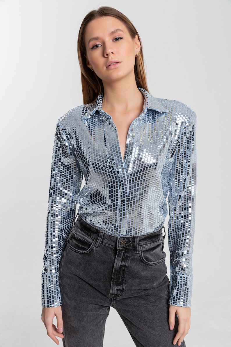 Women Sequin Embellished Shirt, Glitter Blouse, Cocktail Shirt, Occasion Shirt, Sequin Top, Prom, Party Blouse, Bridesmaid, Gift image 1