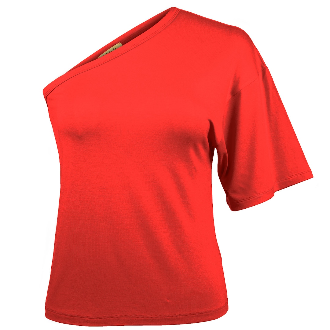 T-shirt monospalla rossa da donna, top quotidiano casual, corpo
